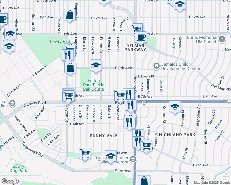 map of restaurants, bars, coffee shops, grocery stores, and more near 10300 East 7th Avenue in Aurora