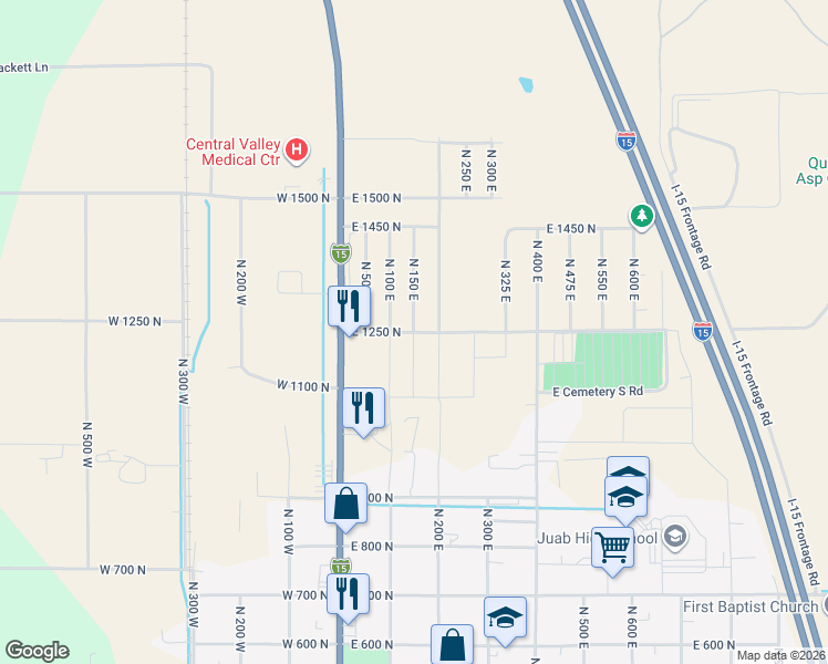 map of restaurants, bars, coffee shops, grocery stores, and more near 150 East 1250 North in Nephi