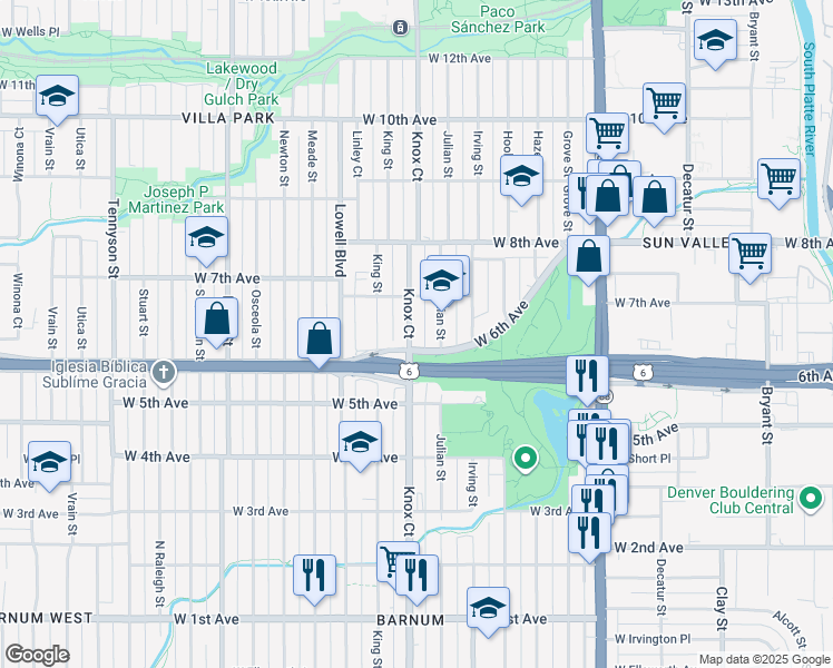 map of restaurants, bars, coffee shops, grocery stores, and more near 624 Knox Court in Denver
