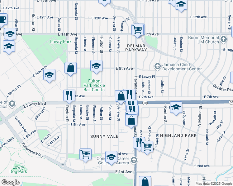 map of restaurants, bars, coffee shops, grocery stores, and more near 10300 East 7th Avenue in Aurora