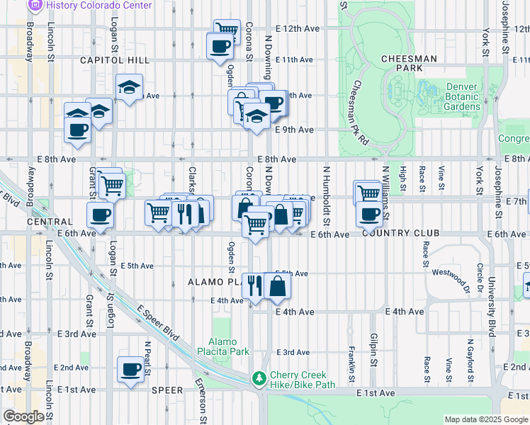 map of restaurants, bars, coffee shops, grocery stores, and more near in Denver
