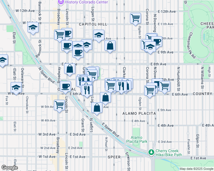 map of restaurants, bars, coffee shops, grocery stores, and more near 600 Pennsylvania Street in Denver