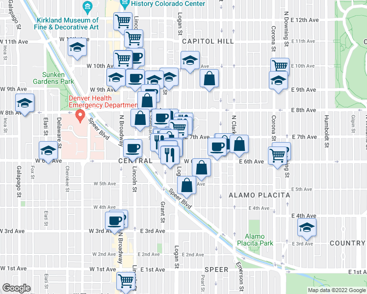map of restaurants, bars, coffee shops, grocery stores, and more near in Denver