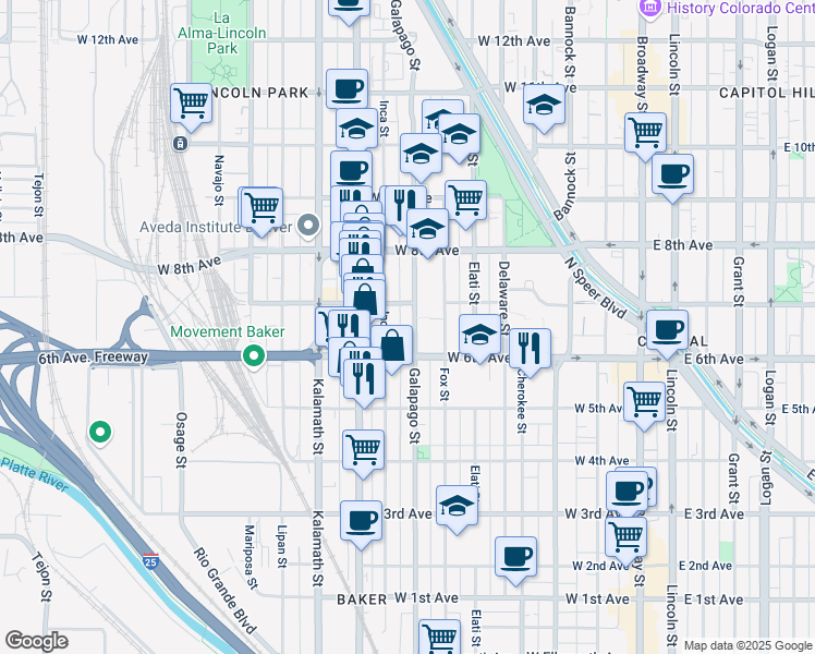 map of restaurants, bars, coffee shops, grocery stores, and more near 616 Inca Street in Denver