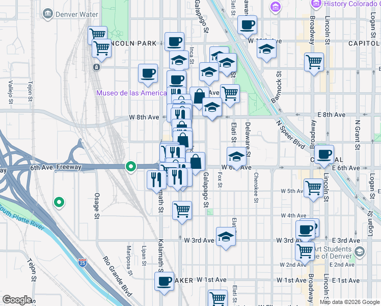 map of restaurants, bars, coffee shops, grocery stores, and more near 616 Inca Street in Denver