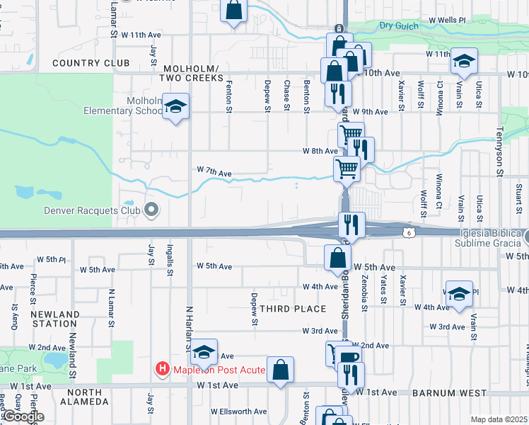 map of restaurants, bars, coffee shops, grocery stores, and more near 5603 West 6th Avenue in Lakewood
