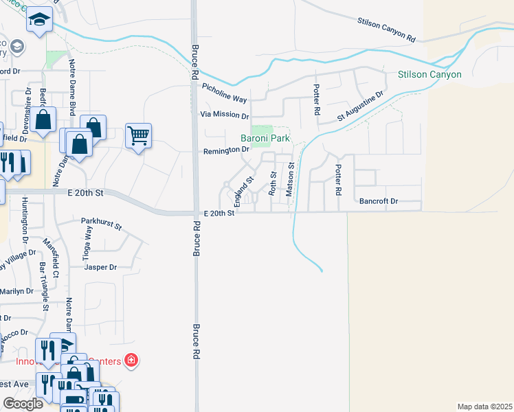 map of restaurants, bars, coffee shops, grocery stores, and more near 2602 East 20th Street in Chico