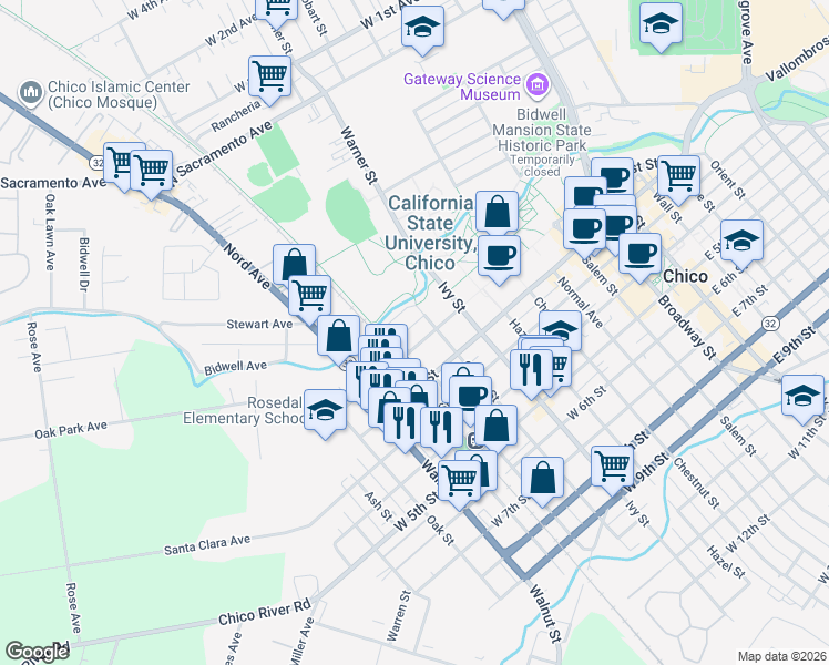 map of restaurants, bars, coffee shops, grocery stores, and more near 215 Orange Street in Chico
