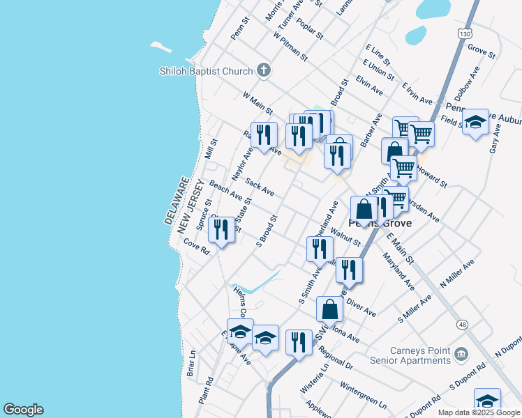 map of restaurants, bars, coffee shops, grocery stores, and more near 124 South Broad Street in Penns Grove