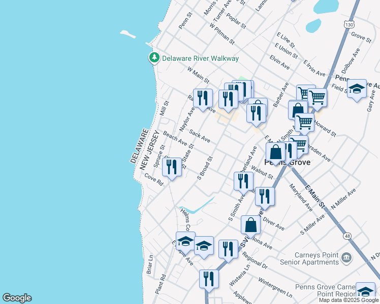 map of restaurants, bars, coffee shops, grocery stores, and more near 125 State Street in Penns Grove