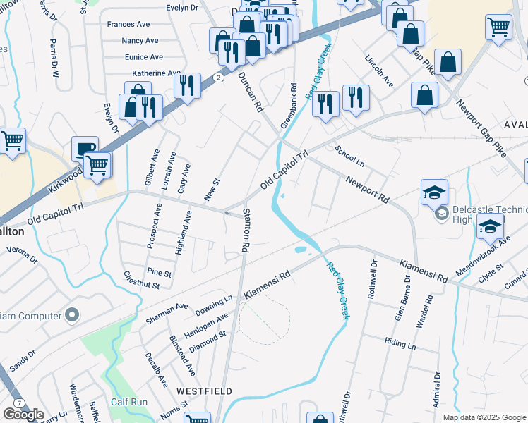 map of restaurants, bars, coffee shops, grocery stores, and more near 12 Tracy Court in Wilmington