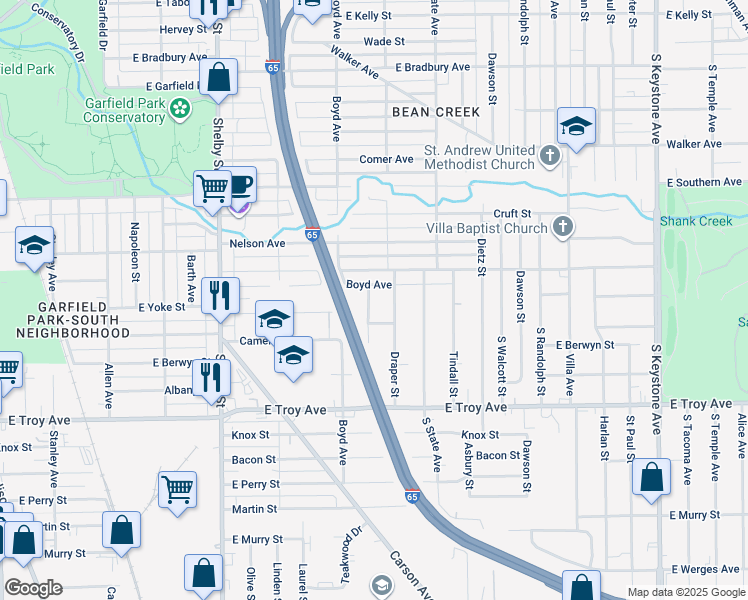 map of restaurants, bars, coffee shops, grocery stores, and more near 2837 Spruce Street in Indianapolis