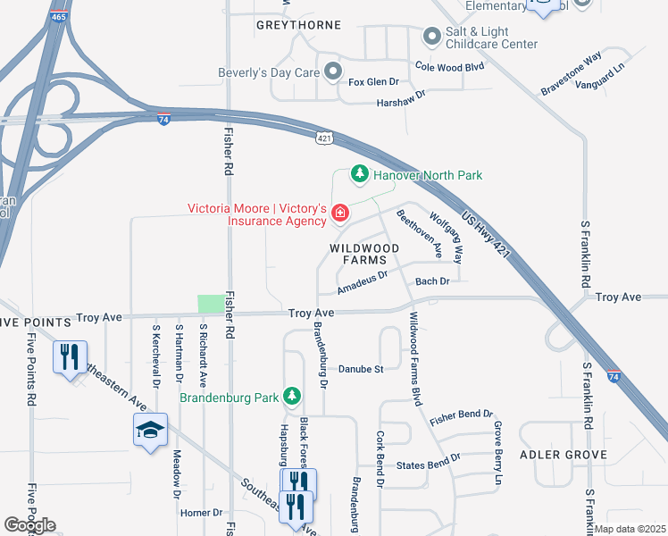 map of restaurants, bars, coffee shops, grocery stores, and more near 2922 Ludwig Drive in Indianapolis