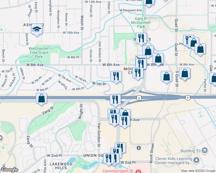 map of restaurants, bars, coffee shops, grocery stores, and more near 693 Urban Court in Golden
