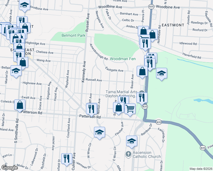 map of restaurants, bars, coffee shops, grocery stores, and more near 1532 Norton Avenue in Dayton