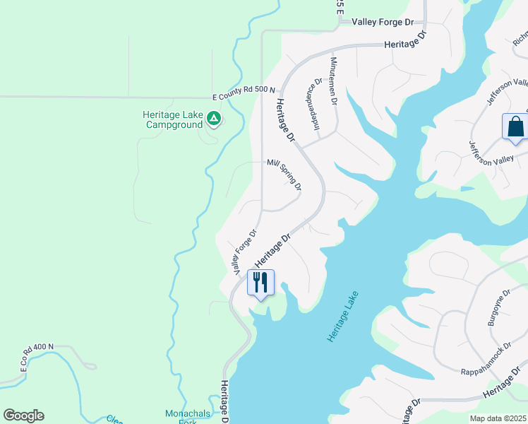 map of restaurants, bars, coffee shops, grocery stores, and more near 409 Mill Spring Drive in Fillmore