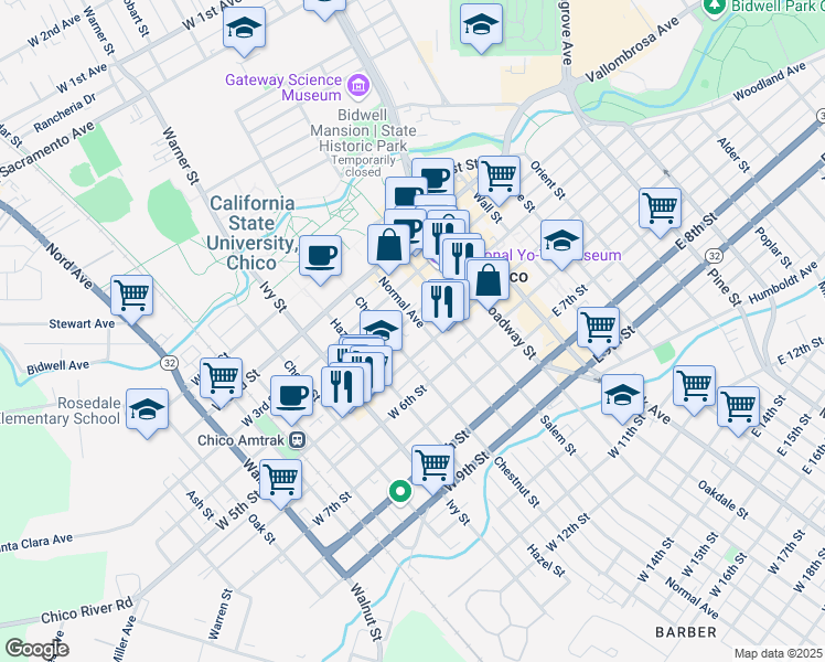 map of restaurants, bars, coffee shops, grocery stores, and more near 410 Normal Avenue in Chico