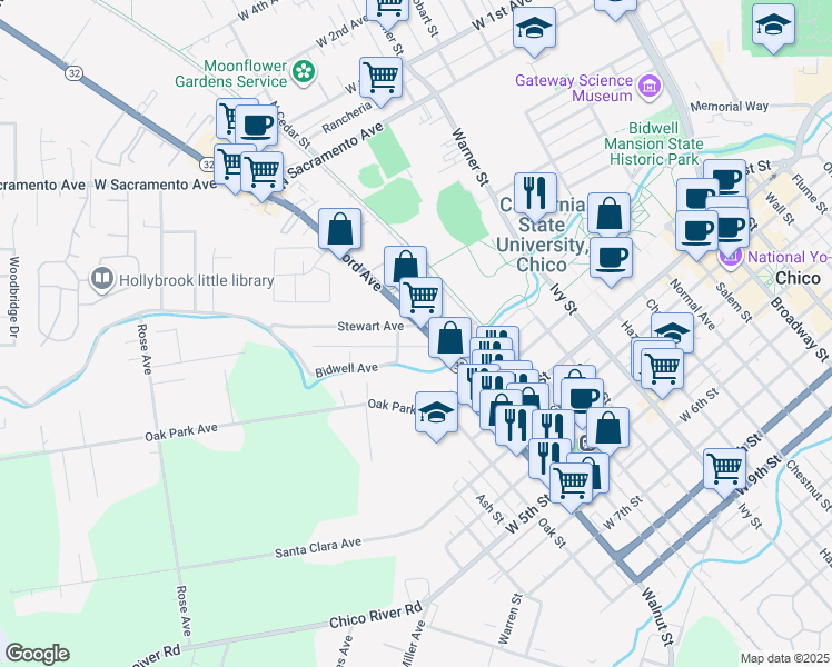 map of restaurants, bars, coffee shops, grocery stores, and more near 1105 Stewart Avenue in Chico