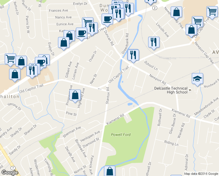 map of restaurants, bars, coffee shops, grocery stores, and more near 1105 Stanton Road in Wilmington