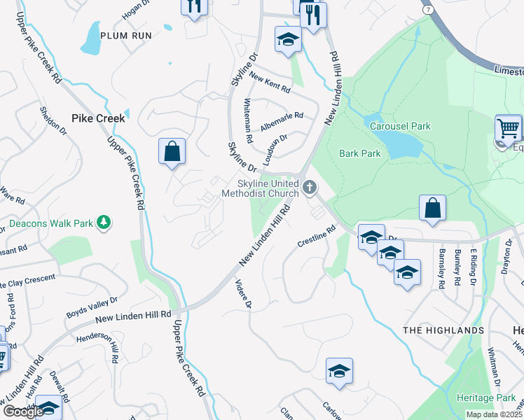 map of restaurants, bars, coffee shops, grocery stores, and more near 16 Sandy Brae Court in Wilmington