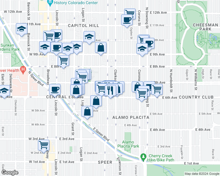 map of restaurants, bars, coffee shops, grocery stores, and more near 660 North Washington Street in Denver