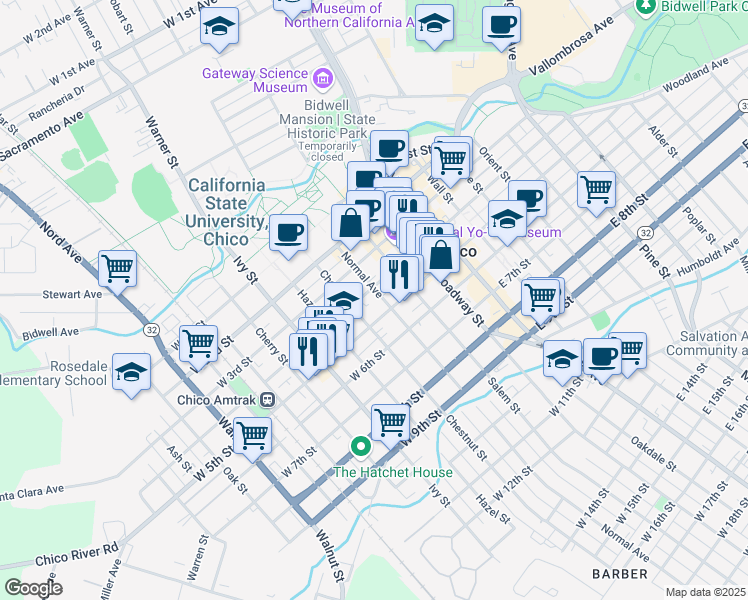 map of restaurants, bars, coffee shops, grocery stores, and more near 410 Normal Avenue in Chico