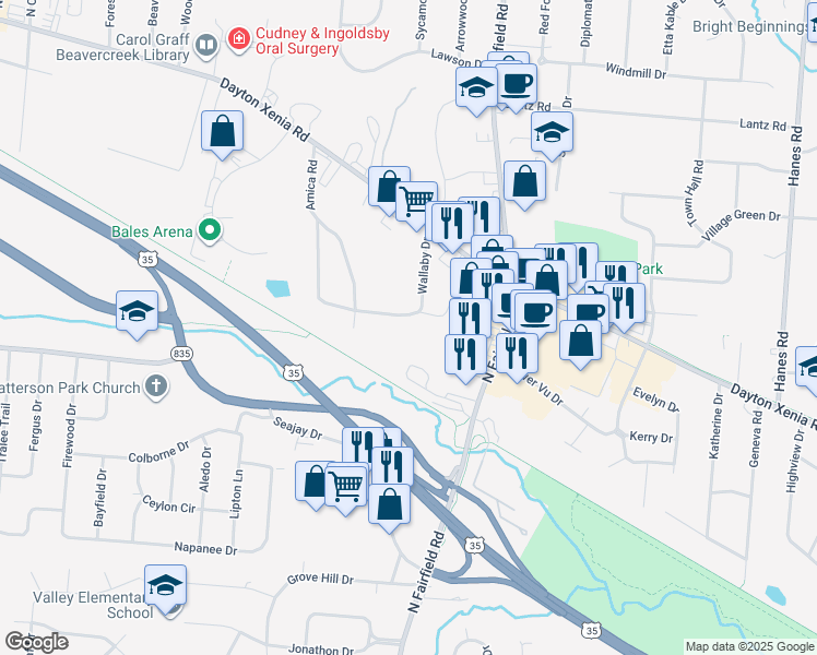 map of restaurants, bars, coffee shops, grocery stores, and more near 1197 Wallaby Drive in Dayton