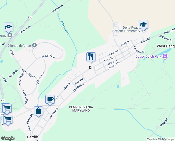 map of restaurants, bars, coffee shops, grocery stores, and more near Main Street in Delta