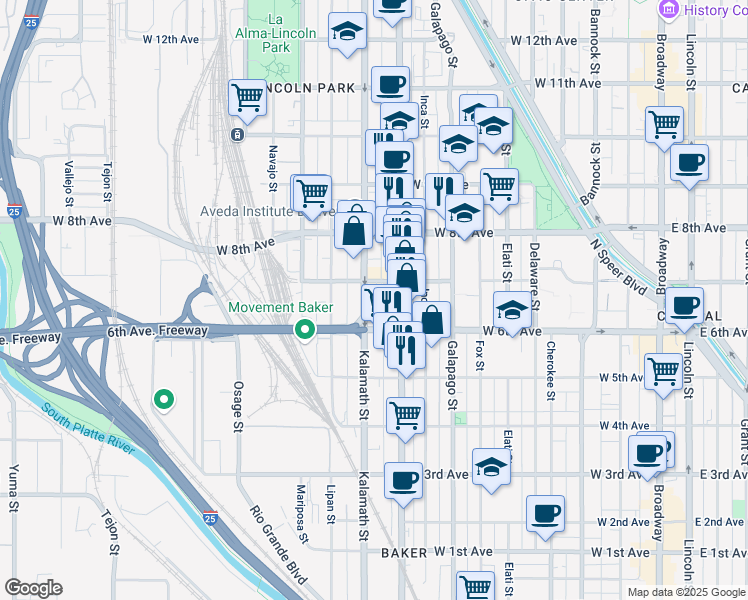 map of restaurants, bars, coffee shops, grocery stores, and more near 574 Kalamath Street in Denver