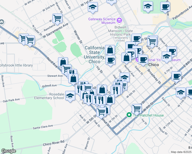 map of restaurants, bars, coffee shops, grocery stores, and more near 610 West 1st Street in Chico