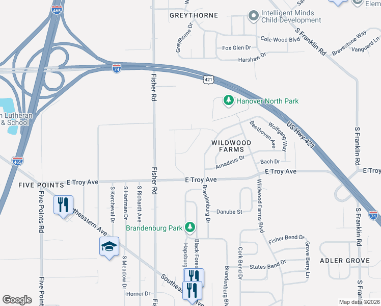 map of restaurants, bars, coffee shops, grocery stores, and more near 2944 Wolfgang Drive in Indianapolis