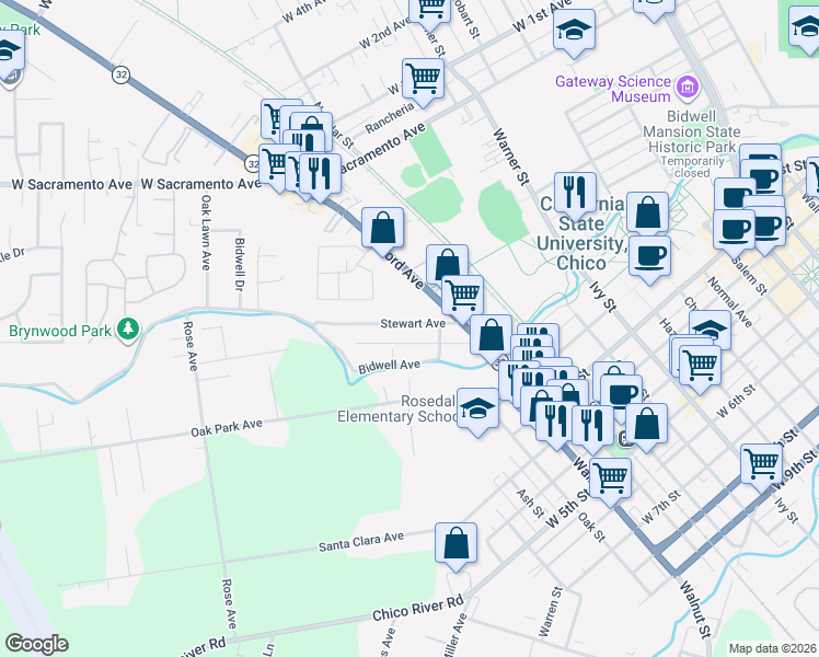 map of restaurants, bars, coffee shops, grocery stores, and more near 1208 Bidwell Avenue in Chico