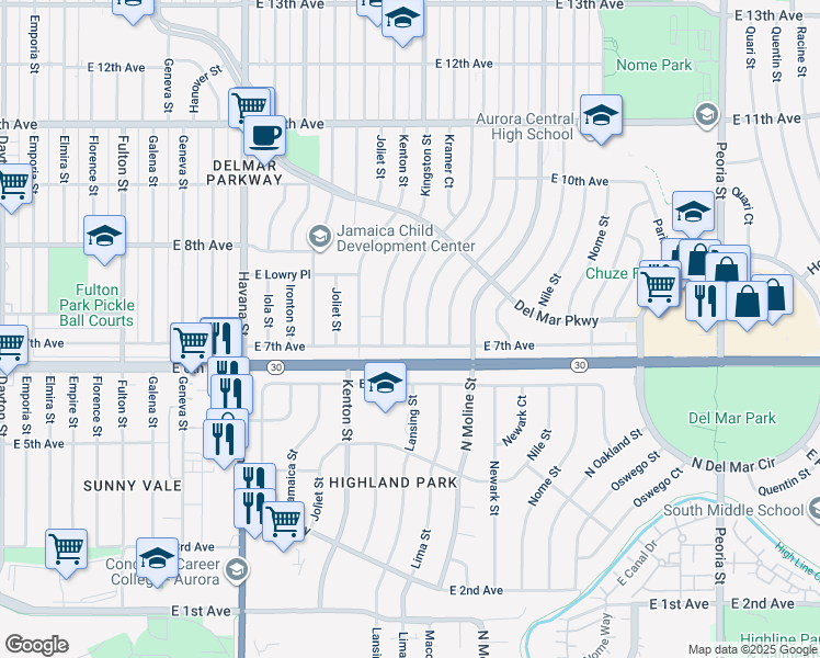 map of restaurants, bars, coffee shops, grocery stores, and more near 720 Lansing Street in Aurora