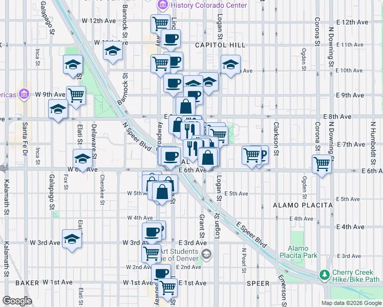 map of restaurants, bars, coffee shops, grocery stores, and more near 645 Sherman Street in Denver
