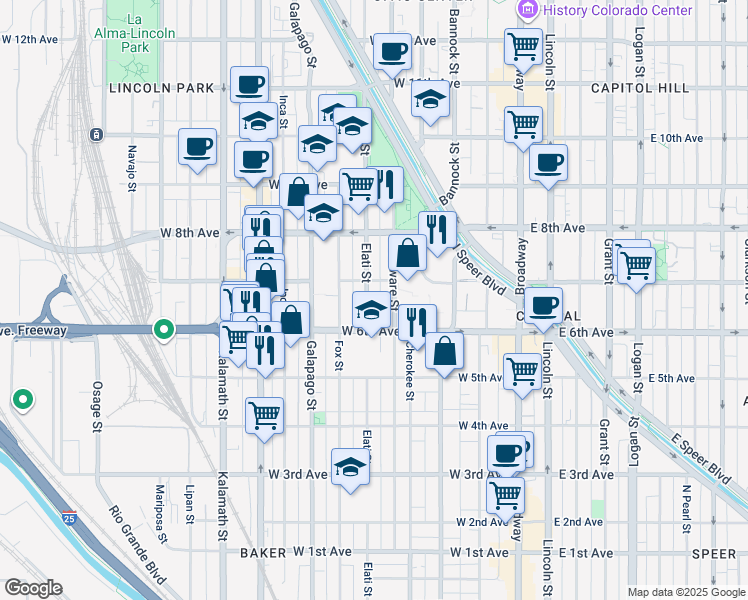 map of restaurants, bars, coffee shops, grocery stores, and more near 612 Elati Street in Denver