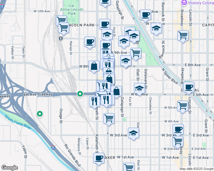 map of restaurants, bars, coffee shops, grocery stores, and more near in Denver
