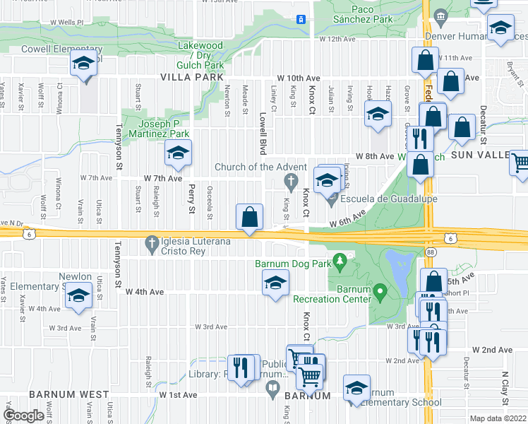 map of restaurants, bars, coffee shops, grocery stores, and more near in Denver