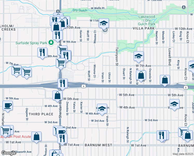 map of restaurants, bars, coffee shops, grocery stores, and more near 611 Vrain Street in Denver