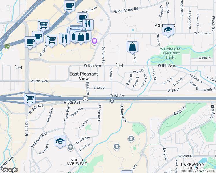 map of restaurants, bars, coffee shops, grocery stores, and more near 629 Coors Street in Golden