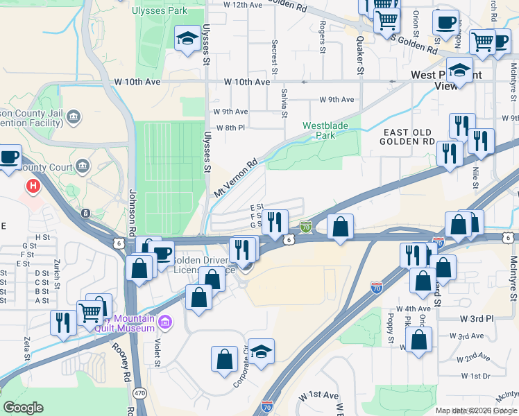 map of restaurants, bars, coffee shops, grocery stores, and more near G St in Golden
