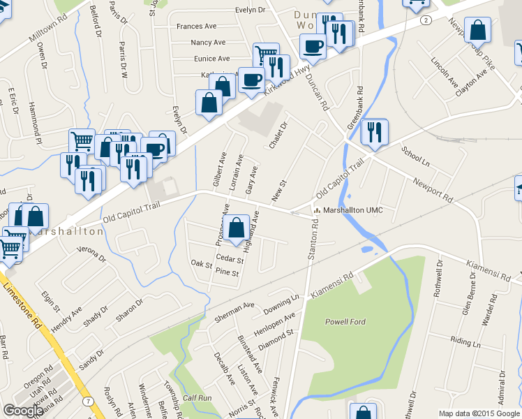 map of restaurants, bars, coffee shops, grocery stores, and more near 1107 Highland Avenue in Wilmington