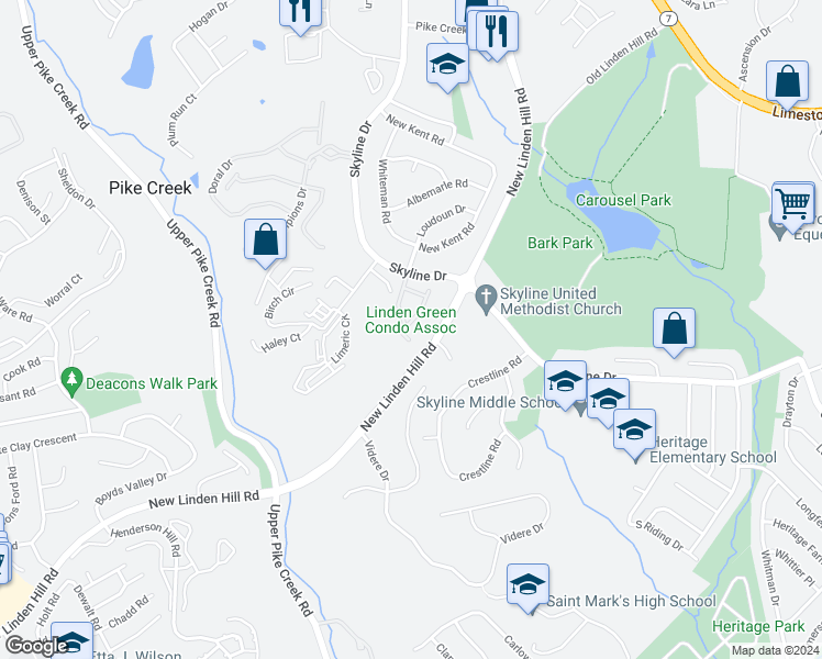 map of restaurants, bars, coffee shops, grocery stores, and more near 16 Sandy Brae Court in Wilmington