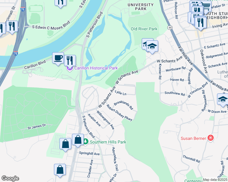 map of restaurants, bars, coffee shops, grocery stores, and more near 2000 West Schantz Avenue in Dayton