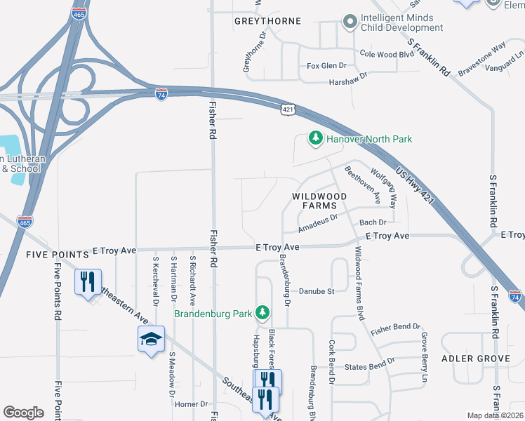 map of restaurants, bars, coffee shops, grocery stores, and more near 2944 Wolfgang Drive in Indianapolis