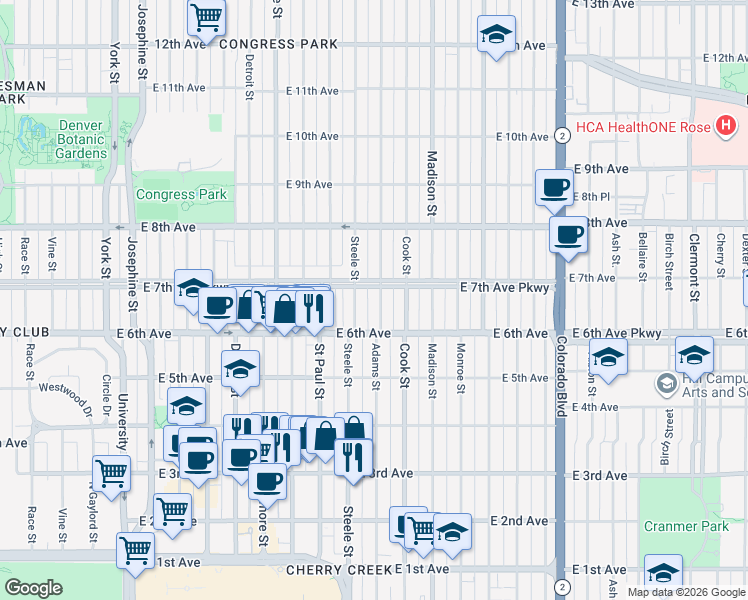 map of restaurants, bars, coffee shops, grocery stores, and more near 657 Adams Street in Denver