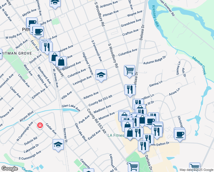 map of restaurants, bars, coffee shops, grocery stores, and more near 205 Adams Avenue in Pitman
