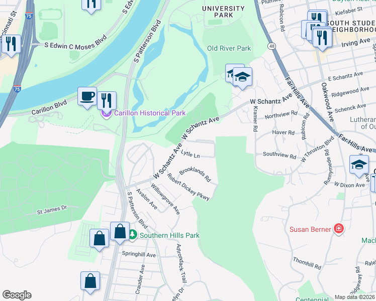 map of restaurants, bars, coffee shops, grocery stores, and more near 2000 West Schantz Avenue in Dayton