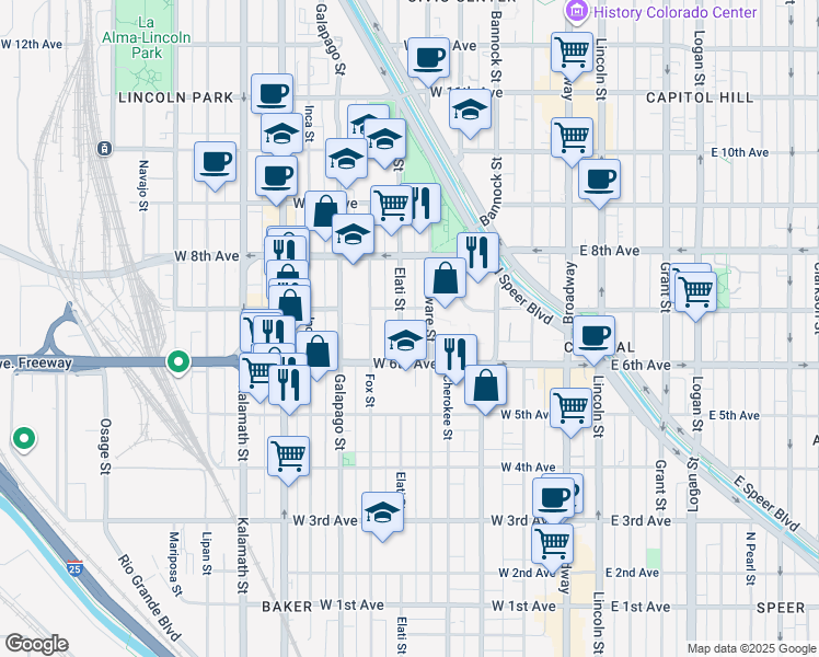 map of restaurants, bars, coffee shops, grocery stores, and more near 612 Elati Street in Denver