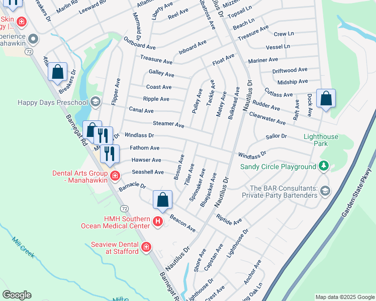 map of restaurants, bars, coffee shops, grocery stores, and more near 167 Bosun Avenue in Stafford Township