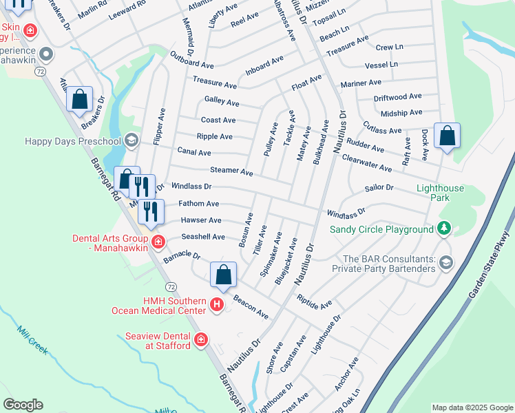 map of restaurants, bars, coffee shops, grocery stores, and more near 167 Bosun Avenue in Stafford Township
